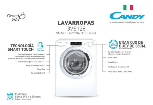 Lavarropas automático Candy GrandÓ Vita hasta 8kg color blanco GVS128
